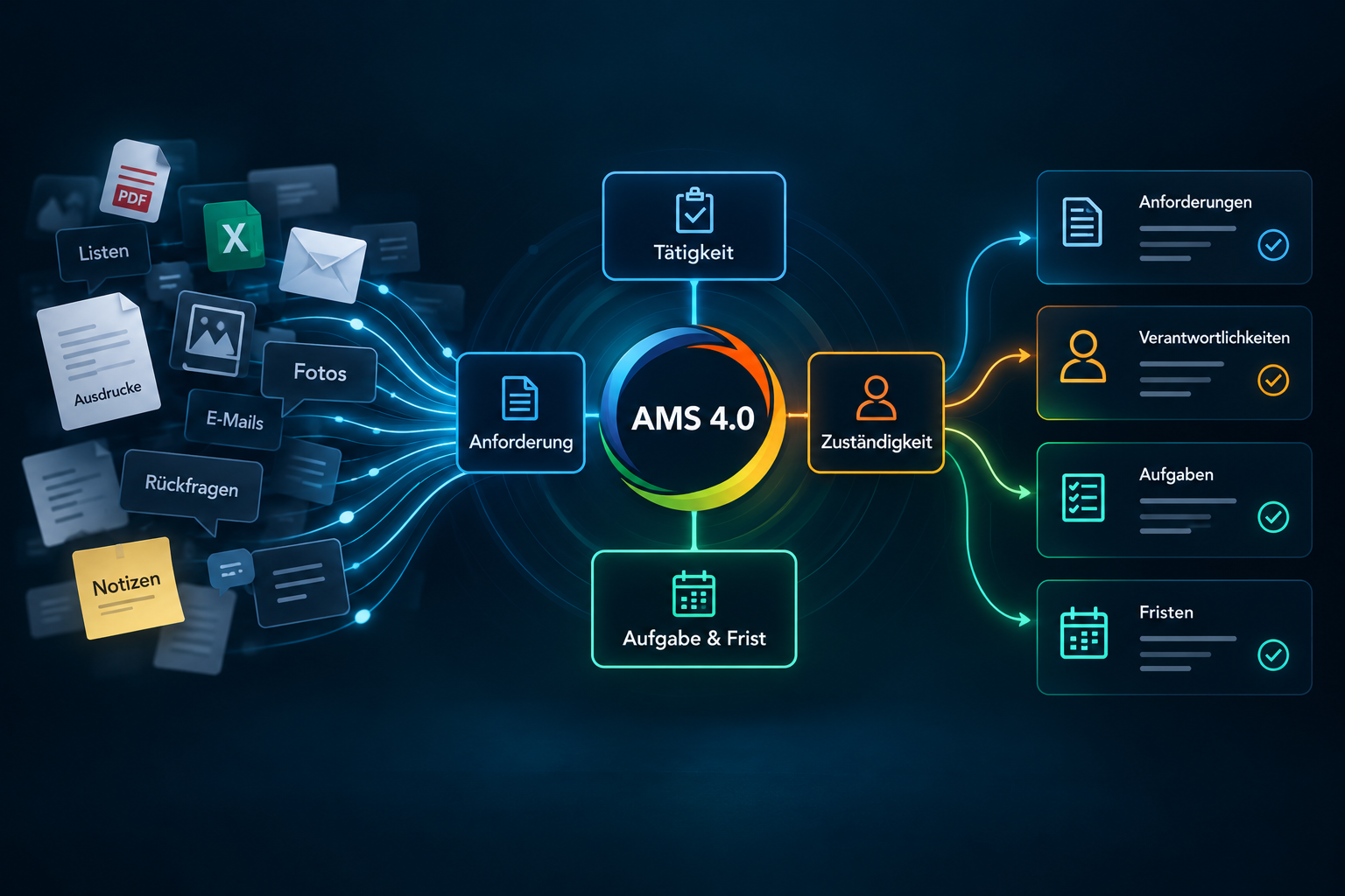 KI-generiertes, illustratives AMS-4.0-Zielbild: verstreute Informationen werden mit Tätigkeiten und Zuständigkeiten verbunden und in Anforderungen, Verantwortlichkeiten, Aufgaben und Fristen überführt