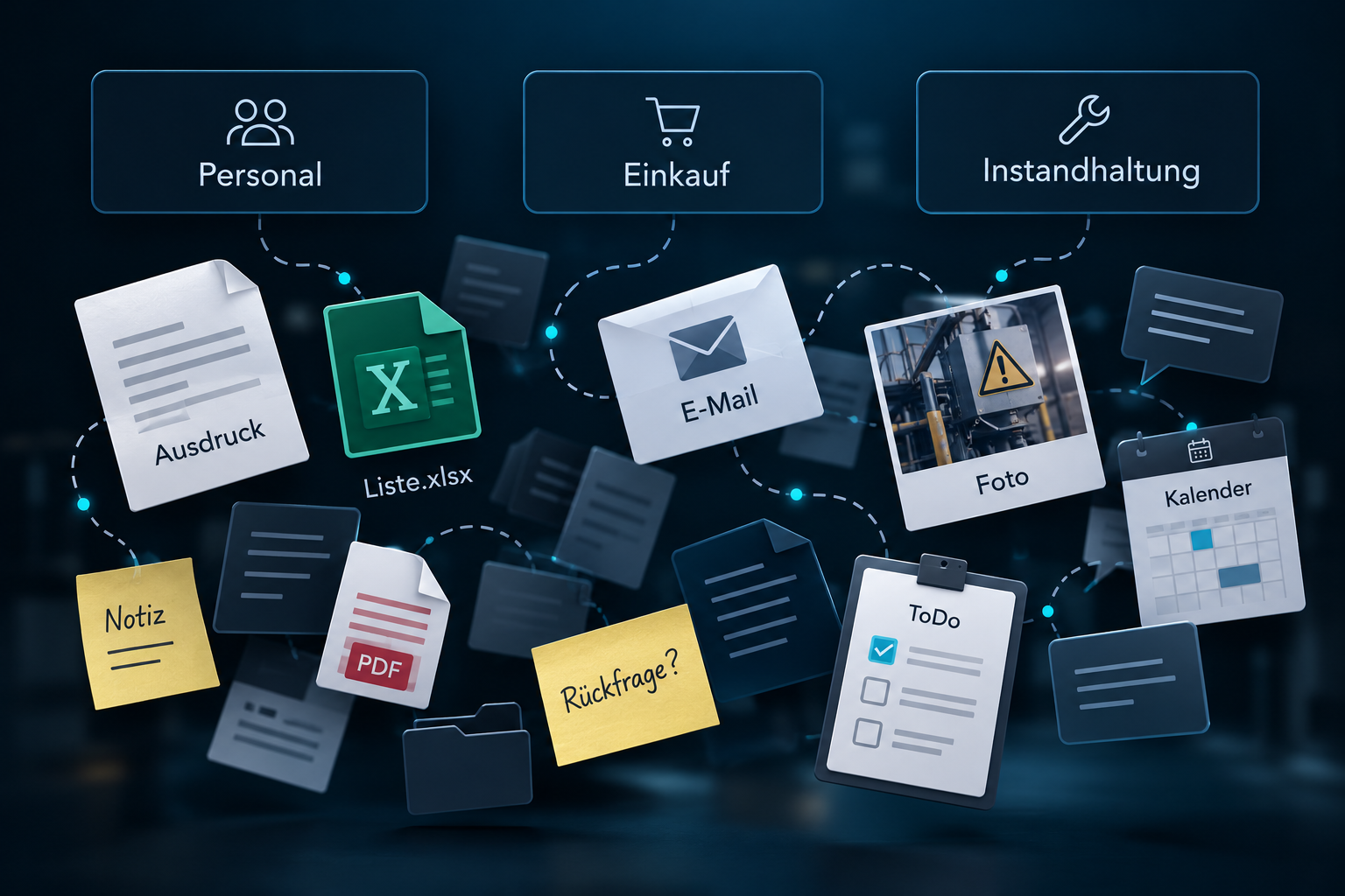 KI-generierte Illustration: Informationen aus Personal, Einkauf und Instandhaltung verteilen sich auf Ausdrucke, Excel, E-Mail, Fotos und Notizen